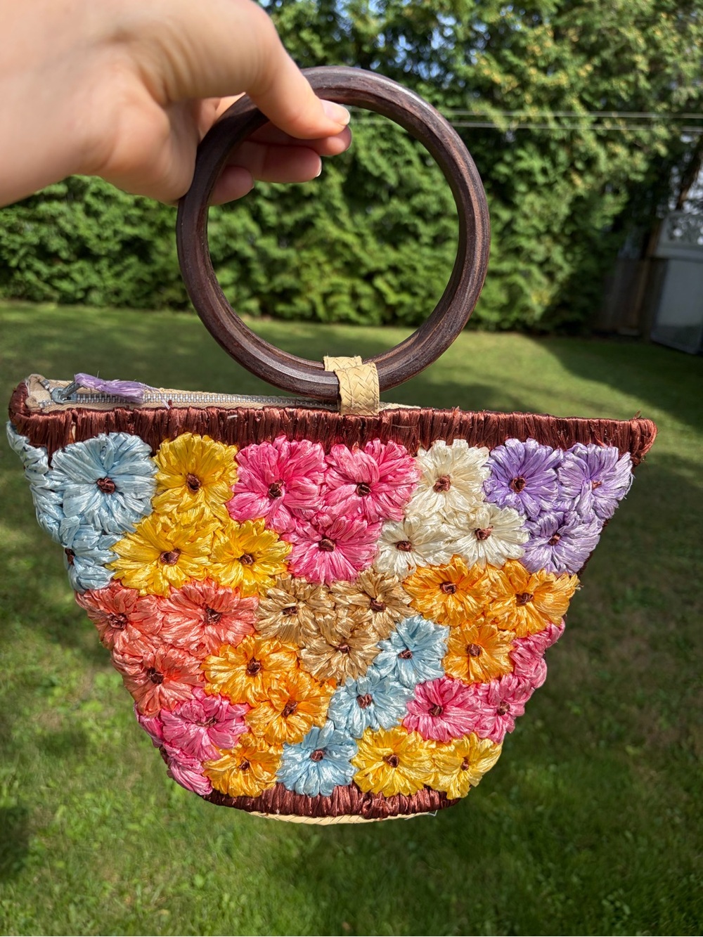 Handmade Floral Raffia Tote Bag with Wooden Ring Handles - Multicolor